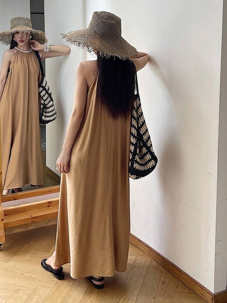 Women's Vacation Casual Beaded Decorated Halter Long Dress Summer Women Dresses