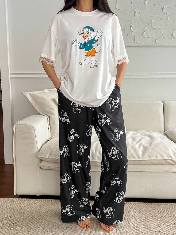Cute Cartoon Print Loose T-Shirt And Full Print Pajama Pants Sleepwear Set For Women