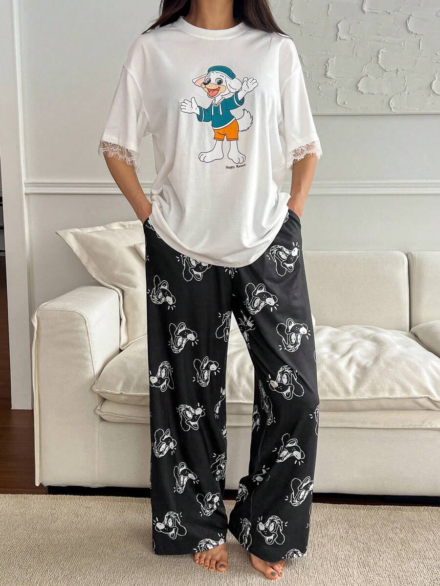 DAZY Bộ đồ ngủ in hình hoạt hình dễ thương và quần ngủ in hình đầy đủ cho nữ - trắng - Xem 1