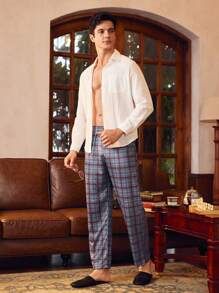 SHEIN Men's Plaid Straight Leg Lounge Pants, Fall - Burgundy - View 4