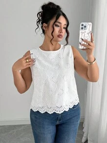 Elenzga Plus Size Summer Casual Solid Color Hollow Embroidered Sleeveless Shirt White Eyelet Top Eyelet Summer Top Women Summer Top Crochet Top Tie Back Top - White - View 7