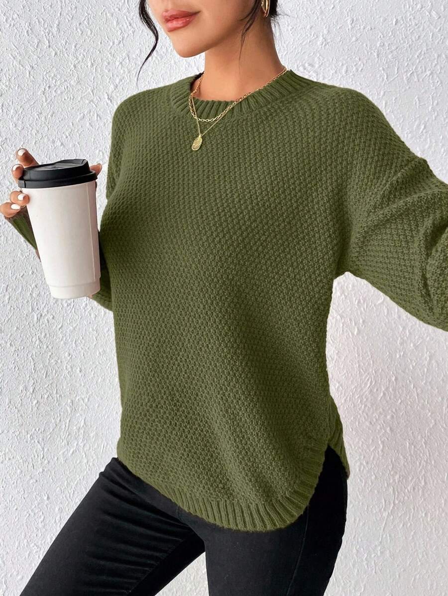 EMERY ROSE Women Solid Color Round Neck Drop Shoulder Casual Loose Pullover Sweater Knit Pullover Fall Winter - Army Green - View 1