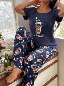 Coffee Cup Print Round Neck Short Sleeve Women Pajama Set Coffee Pajamas Cute Pajama Set For Women Pajama Set Women Comfy Pajama Set Cute Sleep Wear Women Coffee Pajama Set Women Pajamas I Love Coffee Pajamas Wake Up Pajamas - Navy Blue - View 1