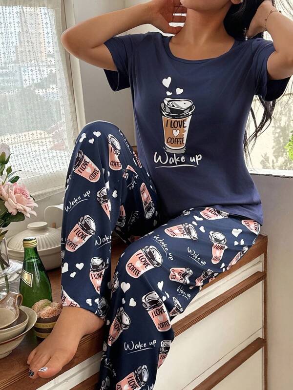 Coffee Cup Print Round Neck Short Sleeve Women Pajama Set Coffee Pajamas Cute Pajama Set For Women Pajama Set Women Comfy Pajama Set Cute Sleep Wear Women Coffee Pajama Set Women Pajamas I Love Coffee Pajamas Wake Up Pajamas