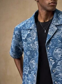 AKNOTIC Business Casual 年轻男士休闲宽松短袖开襟衬衫男士花衬衫男士夏季衬衫男士纽扣衬衫男士夏威夷衬衫男士热带衬衫 - 深色水洗藍 - 查看 8