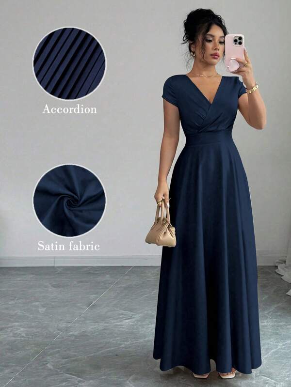 Elenzga Short Sleeve V-Neck Waist Cinched Elegant Romantic Dress For Women