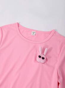 SHEIN ChillGRL 少女纯色兔子 3D T 恤和涂鸦牛仔印花长裤两件套休闲装，含腰带、夏季套装 - 粉色 - 查看 4