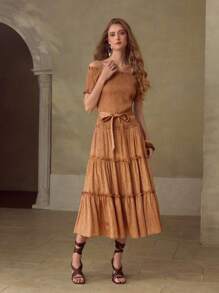 MOTF PREMIUM VESTITO MIDI A SPALLE SCOPERTE DA DONNA IN JACQUARD, ROMANTICO, PER VACANZE E APPUNTAMENTI - Cachi - Visualizzare 1