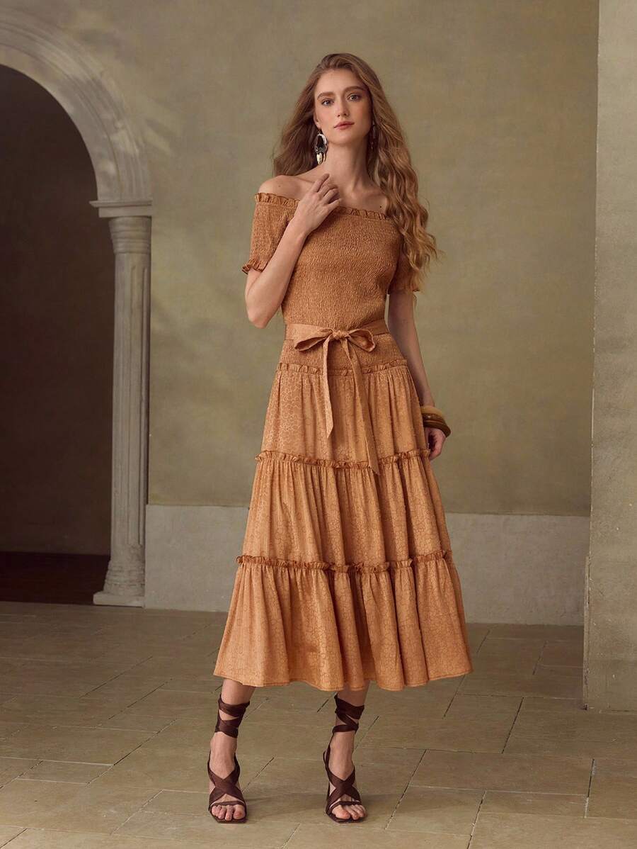 MOTF PREMIUM VESTITO MIDI A SPALLE SCOPERTE DA DONNA IN JACQUARD, ROMANTICO, PER VACANZE E APPUNTAMENTI - Cachi - Visualizzare 1