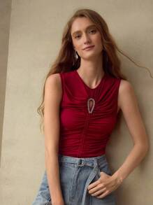 MOTF PREMIUM SOLID RHINESTONE CUTOUT FRONT RUCHED SLIM FIT TANK TOP - Red - View 2