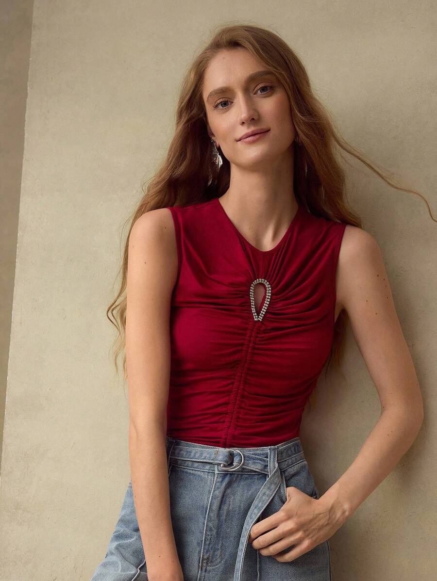 MOTF PREMIUM SOLID RHINESTONE CUTOUT FRONT RUCHED SLIM FIT TANK TOP - Red - View 2