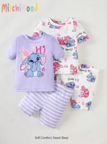 4pcs Baby Girls' Pink Striped Cartoon Multicolor Bear Comfortable Soft Bodyfit Homewear Shorts Set, Summer Back To School Girls Clothes Girls Summer Outfits Back Tp School Clothes School Clothes School Supplies School Bags Snug Fit Tight Fit Pajamas  Baby Girl Clothes Baby Pajama Sets - Multicolor - View 1