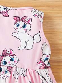 Baby Girls' Casual Knitted Sleeveless Cat Print Empire Waist Dress - Pink - View 6