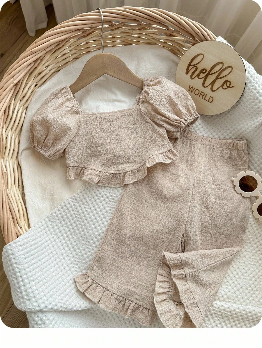 SHEIN Baby Girl Summer Casual Solid Color Short Sleeve Top & Pants 2pcs Set - Khaki - View 1