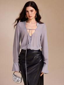 flowery He Sheer Chiffon V Neck Open Back Draping Blouses Women Summer Casual Top Blouse Grey Blouse Tie Front Blouse Office Blouse Fall Clothes Homecoming Dress Modest