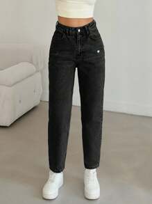 EURMUSE WOMEN HIGH WAIST MOM JEAN WITH BACK LABEL DETAIL CASUAL - Hitam - View 5