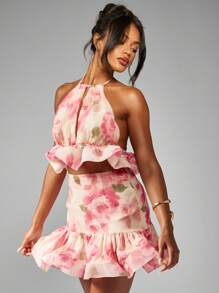 MISSGUIDED Floral Halter Neck Ruffle Crop Top And Mini Skirt Summer Festival Party Beach Vacation Wedding Guest Two Piece Set - Pink - View 3