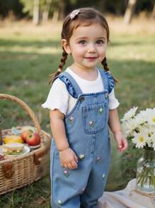 SHEIN Vintaside Kids 2 Pieces Baby Girl Set Blue Summer Cute Modest Matching Family Floral Embroidered Denim Overalls Solid Color Short-Sleeved Top Party White Autumn Fall - Multicolor - View 8