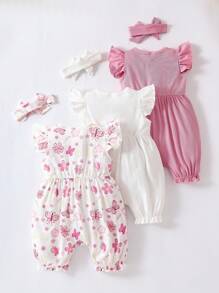 SHEIN Playful Pals 3 件套女婴休闲可爱蝴蝶印花盖袖连体衣和松紧腰短裤，配发带