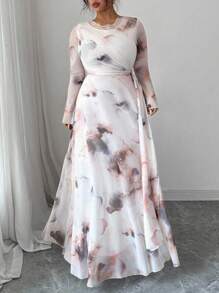 Modelyn Plus Size Women's Mesh Floral Print Long Sleeve Waist Tie Pleated Hem Cute Summer Dress Fall Cloth For Women - Multicolor - View 1