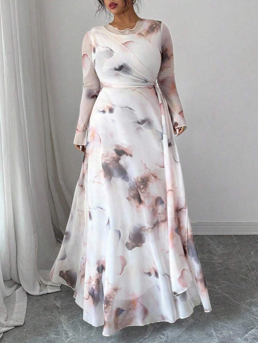 Modelyn Plus Size Women's Mesh Floral Print Long Sleeve Waist Tie Pleated Hem Cute Summer Dress Fall Cloth For Women - Multicolor - View 1
