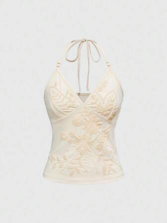 Fairycore Top corto estivo con scollo alla halter, decorato con ricamo e perline