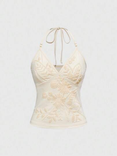 Fairycore Top corto de verano con cuello halter, bordado y cuentas