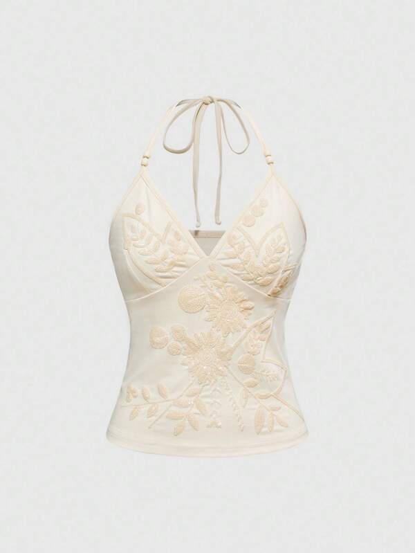 ROMWE Fairycore Summer Fashion Beaded Embroidery Halter Crop Top