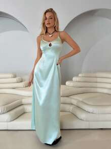Roylia Damen elegantes, ausgestelltes rückenloses, figurbetontes Kleid mit Spaghettiträgern, geeignet für Sommertänze - Minzgrün - Übersicht 3
