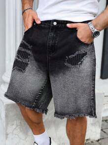 Manfinity Homme Celana Pendek Denim Kasual Pria Ukuran Besar untuk Aktivitas Luar Ruangan dan Gaya Jalanan - Grey - View 5