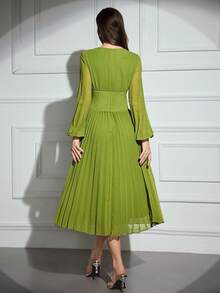 Modelyn Women's Solid Color Cross Wrap V-Neck Pleated Elegant Long Sleeve Midi Dress Green - Green - View 3