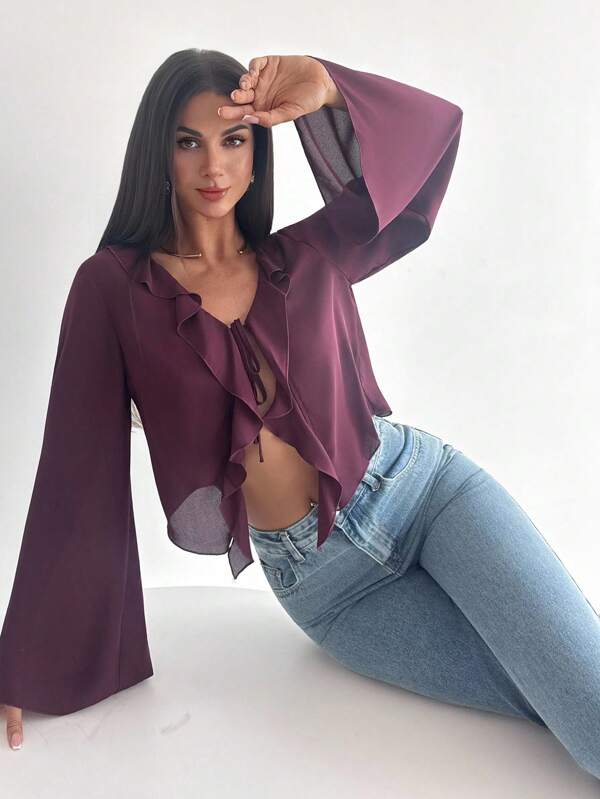 Firerie Damen Lila-Rotes Langarm Rüschen Bluse, elegante romantische Damen Bluse, geeignet für Strand, Pendeln, elegant, sexy, Urlaub, Strand, Boho, Hawaii, Musikfestival, romantisch, Date
