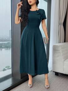 Feyla Đầm dài vừa phải trang trí nơ màu trơn thanh lịch cho nữ - Màu xanh ngọc - Xem 5