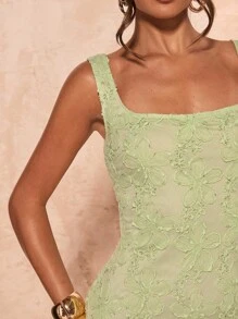 SHEIN BAE 女士夏季花卉纹理细肩带方领迷你连衣裙 - 綠色 - 查看 7