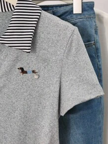 INAWLY 格子与狗狗刺绣装饰Polo领休闲短袖T恤