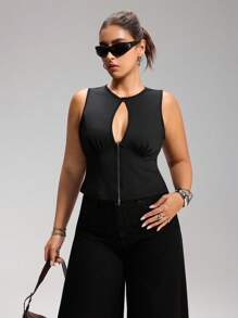 LYSMO Plus Size Women Sleeveless Solid Color Zipper Front Hollow Out Sexy Bodycon Tank Tops, Spring/Summer