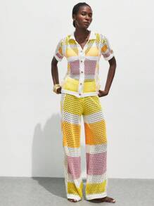 Maija Damen Sommer Urlaub Farbblock Ausschnitt Strick Weite Bein Hose Buttergelb Strand Urlaub Outfits Urlaub Outfits Frauen Boho Kleidung Frauen Häkeln Boho Frauen Bekleidung Bohemian Kleidung für Frauen