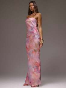MUSERA 花卉缎面吊带裙可爱精致性感趣味海滩春夏长裙性感夏季伊比沙岛度假可爱度假婚礼宾客秋季夜间外出婚礼宾客优雅约会之夜长裙 - 粉色 - 查看 3