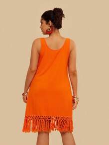 Travachic Plus Size Summer Beach Vacation Sleeveless Patchwork Tassel Knitted Fringe Dress - Orange - View 2