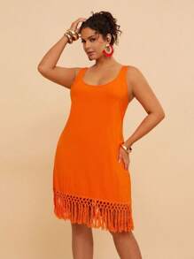 Travachic Plus Size Summer Beach Vacation Sleeveless Patchwork Tassel Knitted Fringe Dress - Orange - View 4