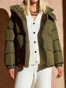 Bóhologie Manteau d'hiver kaki court, décontracté et confortable à capuche pour femmes - Beige - Voir 1