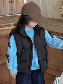 Dazy Kids Young Girls Plain Color Casual Waistcoat Jacket, Versatile For Autumn/Winter Vest - Black - View 5