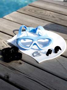 大框游泳镜，防雾防水硅胶游泳镜带耳塞，适合游泳训练和休闲，节日礼物 - 藍色 - 查看 1