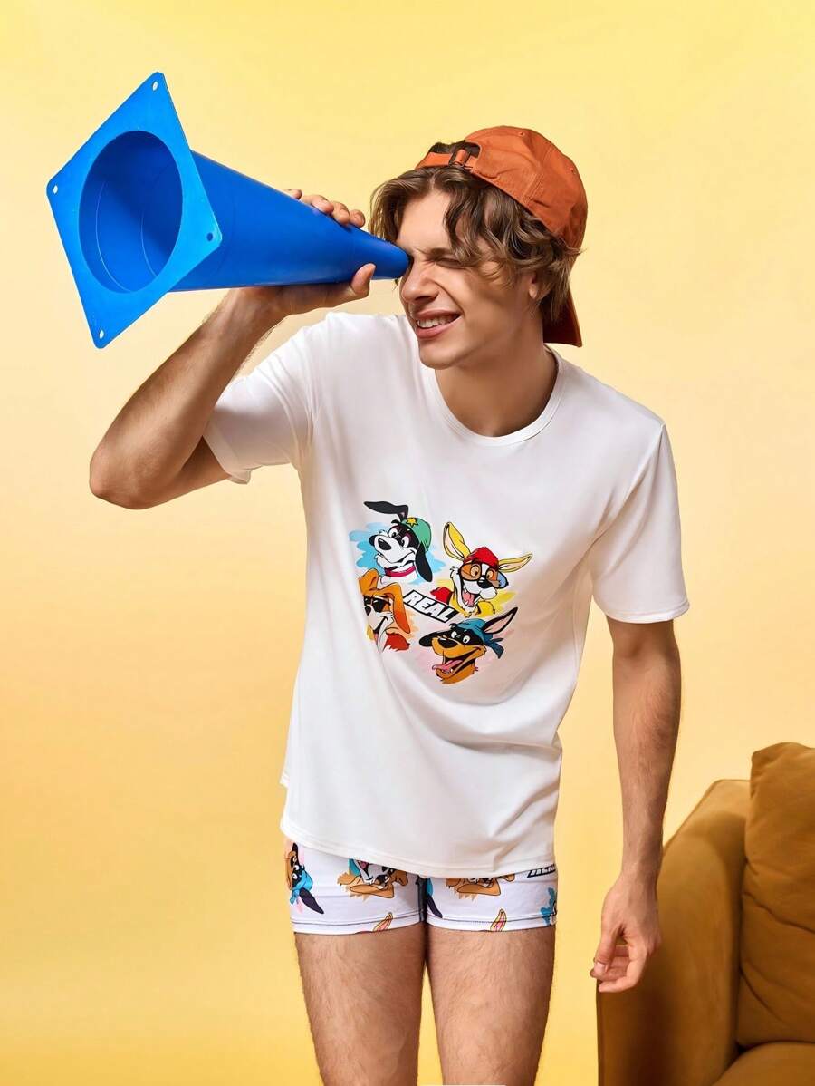 Men's Cartoon Print Short Sleeve Pajama Top