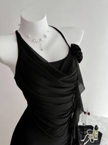 Elamini Spring/Summer Casual Vacation Mesh 3D Flower Cutout Back Mini Dress For Women - Black - View 5