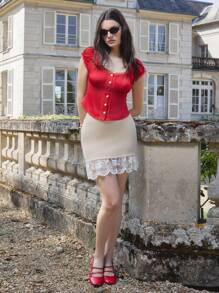 lacRébo 米色罗纹针织迷你裙，白色蕾丝下摆度假裙，返校裙，外出裙，秋冬 - 杏色 - 查看 3