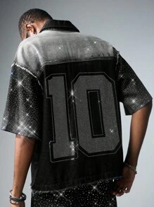 ROMWE MEN Street Life Men's Boxy Fit Rhinestone Embellished Denim Shirt