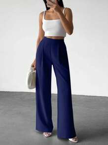 EURMUSE Plain Pocket & Pressed Crease Wide-Leg Casual Pants - Navy Blue - View 7