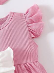 SHEIN Playful Pals 3 件套女婴休闲可爱蝴蝶印花盖袖连体衣和松紧腰短裤，配发带