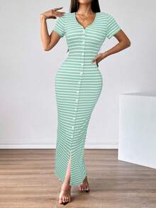 Firerie Vestido de manga corta elegante a rayas para el trabajo diario